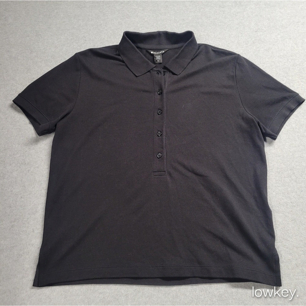 Athleta Pique Short Sleeve Polo Shirt Black Button Up Golf Womens Medium